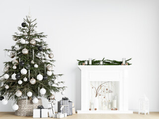 christmas tree in front of a fireplace, blank wall mockup, 3d render