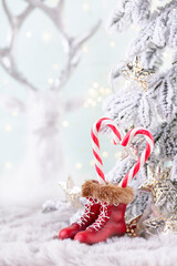 Christmas candy cane heart, bokeh background.