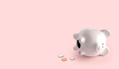 fallen piggy bank with US coins coming out, white piggy with pink background bottom right corner