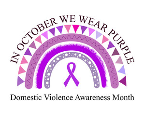 Domestic Violence Awareness Month concept. In October We Wear Purple text and rainbow with ribbon on white.