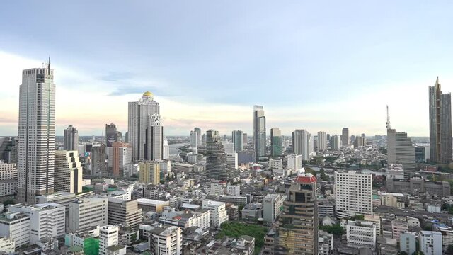 Pan across the skyline of Bangkok, Thailand.