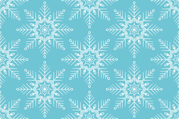 Cute winter season seamless pattern background with snowflake icon on bright blue. Geometric ornament print, Christmas, New Year textile design