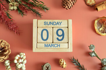 March 9, Cover design with calendar cube, pine cones and dried fruit in the natural concept.
