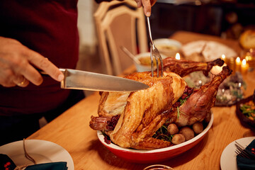 Close-up of senior man carves Thanksgiving turkey at dining table.