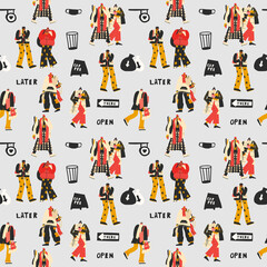 Fototapeta na wymiar seamless pattern-people living in the metropolis are walking.Multi-raced people lifestyle.Generation Z in fashionable clothes.Businessmen are everyday routine.Urban life. Printing on paper and fabric