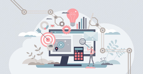 Marketing automation with scheduled social media posts tiny person concept. Reach target audience with content generation for online platform vector illustration. Optimization and efficiency web tool.