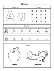 English alphabet letters tracing line printable worksheet with cute picture for coloring for vocabulary learning. Basic writing practice for preschool and kindergarten kids student and teacher.