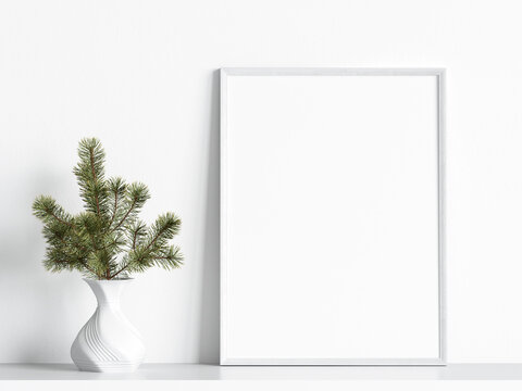 christmas frame mockup with tree branches, 3d render