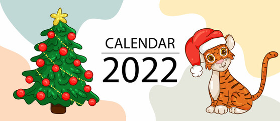 Calendar design template for 2022, the year of the tiger according to the Chinese or Eastern calendar, with an illustration of tiger. Cover page for the calendar for 2022. Vector