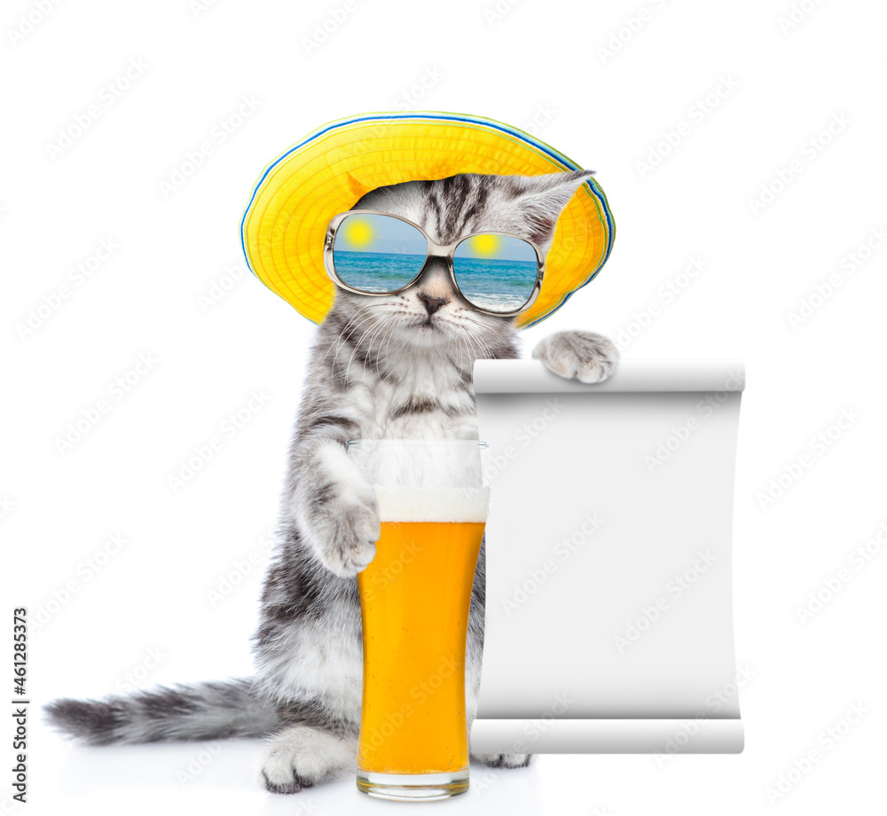 Poster funny kitten weaing sunglasses and summer hat holds mug of a beer and shows empty list. isolated on 