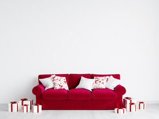 red sofa in modern living room with blank wall, christmas interior mockup, 3d render