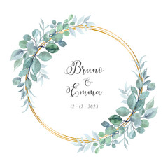 Save the date Watercolor eucalyptus with gold circle - obrazy, fototapety, plakaty