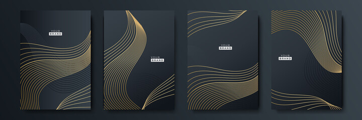 Modern black stripe cover design set. Luxury creative gold dynamic diagonal line pattern. Formal premium vector background for business brochure, poster, notebook, menu template - obrazy, fototapety, plakaty