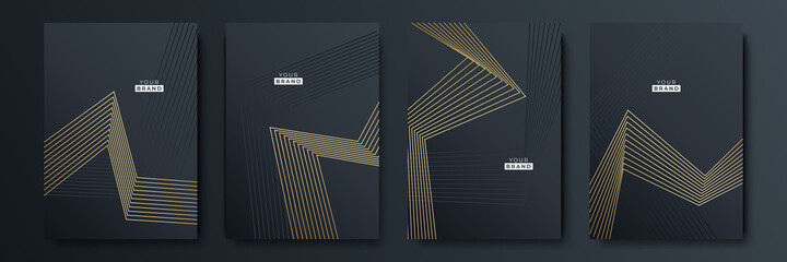 Modern black cover design set. Luxury creative line pattern in premium colors: black, gold and white. Formal vector for notebook cover, business poster, brochure template, magazine layout