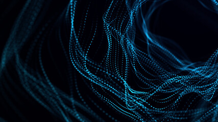 Cyber tunnel consisting of moving glowing points. Futuristic infinite space background. Concept of data transfer in cyberspace. Hi-tech illustration. 3d rendering.