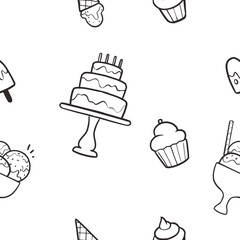 Cake and ice cream lined vector seamless pattern