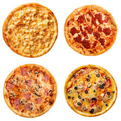 Set of different pizzas collage isolated on white background