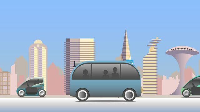 Self-driving, autonomous shuttle bus and bus stop for public transports in a city with electrified vehicles.  Enabled by 5G technology. Animation.