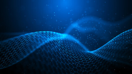 Abstract wave of connected hexagons. Futuristic polygonal background. Artificial intelligence. Big data technology. 3d rendering