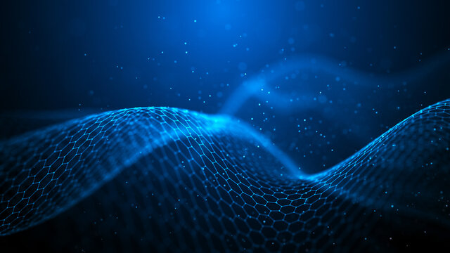 Abstract wave of connected hexagons. Futuristic polygonal background. Artificial intelligence. Big data technology. 3d rendering