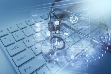 Healthcare business graph data and growth, with network connection on laptop screen.