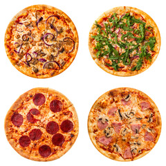 Isolated collage of various types of pizza on white