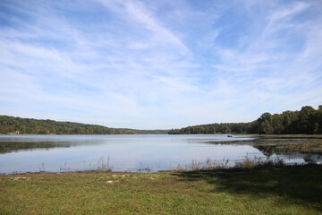 lake in the forest reflecting the clouds