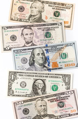 Money US dollars banknotes, a lot of different money. Bitcoin exchange for dollar inflation. Worldwide cryptocurrency and digital payment system. Availability