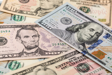 Money US dollars banknotes, a lot of different money. Bitcoin exchange for dollar inflation. Worldwide cryptocurrency and digital payment system. Availability