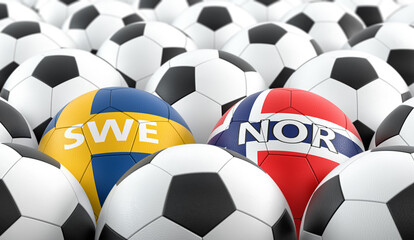 Fototapeta premium Norway vs. Sweden Soccer Match - Leather balls in Norway and Sweden national colors. 3D Rendering 