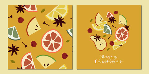 Christmas mulled white wine, citrus fruit, apple, cinnamon, clove, cardamom, anise. Autumn, winter hot drink in glass. Sangria, cider. Traditional xmas beverage. Vector flat cartoon seamless pattern