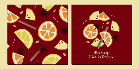 Christmas mulled red wine, citrus fruit, apple, cinnamon, clove, cardamom, anise. Sangria. Fall, winter hot drink in glass. Traditional xmas beverage. Vector seamless pattern flat cartoon illustration
