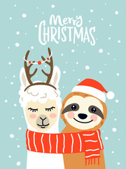 Merry Christmas greeting card with cute llama, and sloth character illustrations with accessories like Santa hat, scarf, reindeer antlers, Christmas lights on a turquoise background with snowflakes