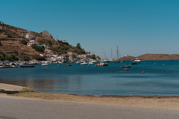 Bay view of Kea island in Greece, yahts, boats, fishing boats, dinghies anchored im middle bay,...