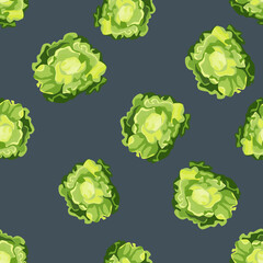 Seamless pattern Butterhead salad on gray background. Simple ornament with lettuce.