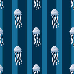 Seamless pattern jellyfish on dark blue background. Modern ornament with sea animals