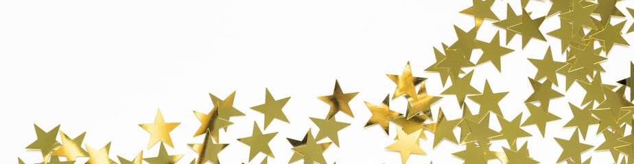 banner of Christmas corner with gold star confetti. Holiday background for New Year on white