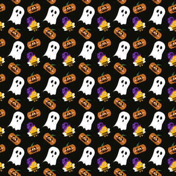 Halloween seamless pattern design with ghost, pumpkin and cute cat.