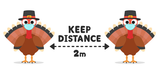 Two birds turkey in medical masks with a distance. Thanksgiving Day