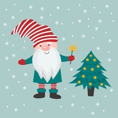 A postcard with a Christmas gnome. A dwarf with a star stands next to the Christmas tree. Flat cartoon vector illustration