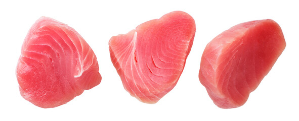 Raw tuna fish medallions set on a white background, cut. Isolated