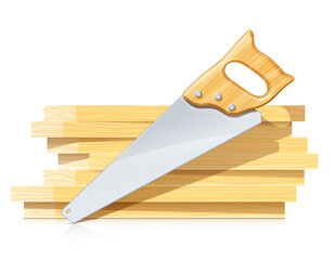 Handsaw for cut wood. Saw for woodworking. Work tool. Home equipment. Isolated on white background. Eps10 vector illustration.