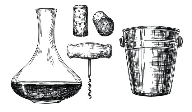 Decanter with wine, cork, corkscrew and ice bucket on white background. Vintage drawing.