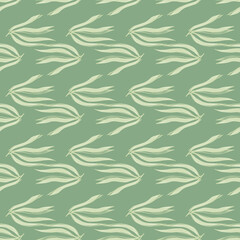 Geometric seaweeds seamless pattern on green background.