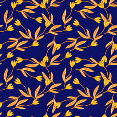 Fashion tulip flower seamless pattern on blue background. Wildflower botanical design.