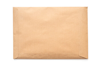 Envelope mockup, blank paper envelope isolated on white. Cardboard bag, package top view, space for text.