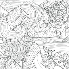 A girl in a hat with a bow looks at the landscape. Mountains and river.Coloring book antistress for children and adults. Illustration isolated on white background.Zen-tangle style. Hand draw
