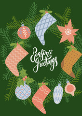 Season's greetings congratulation inside mistletoe wreath decorated with xmas stocking, baubles and poinsettia. Vector flat illustration. Merry Christmas and Happy New year card