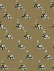 White bottle on pastel brige background. Gold flowers with scissors. Minimal concept. Pattern.