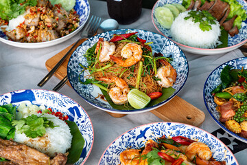 Stir-fried rice vermicelli & water mimosa with prawns
